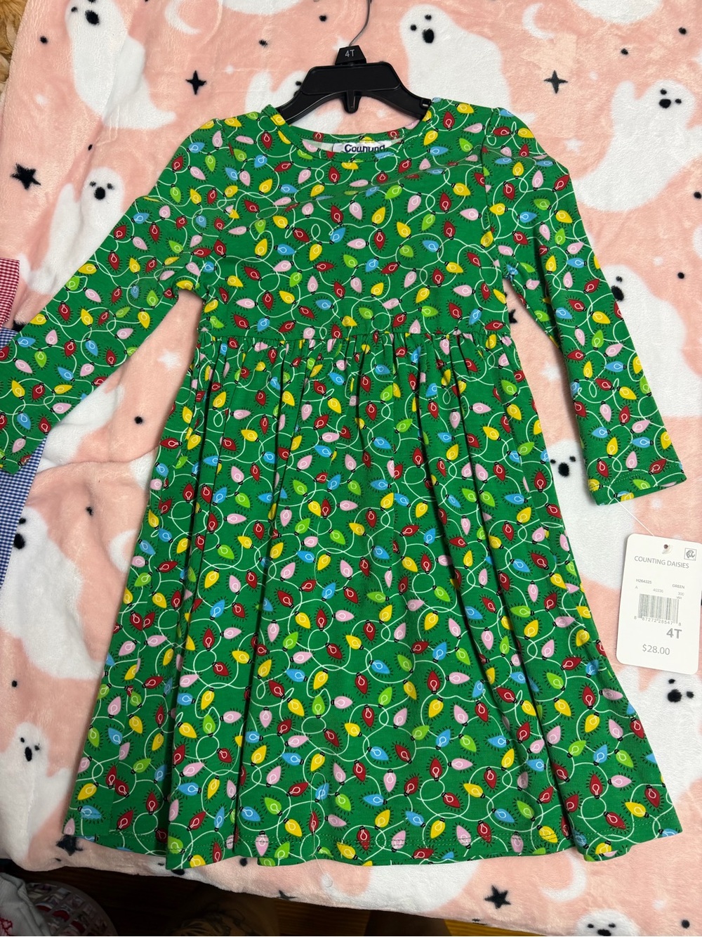 Green Holiday Light-Print Kids Dress - 4T